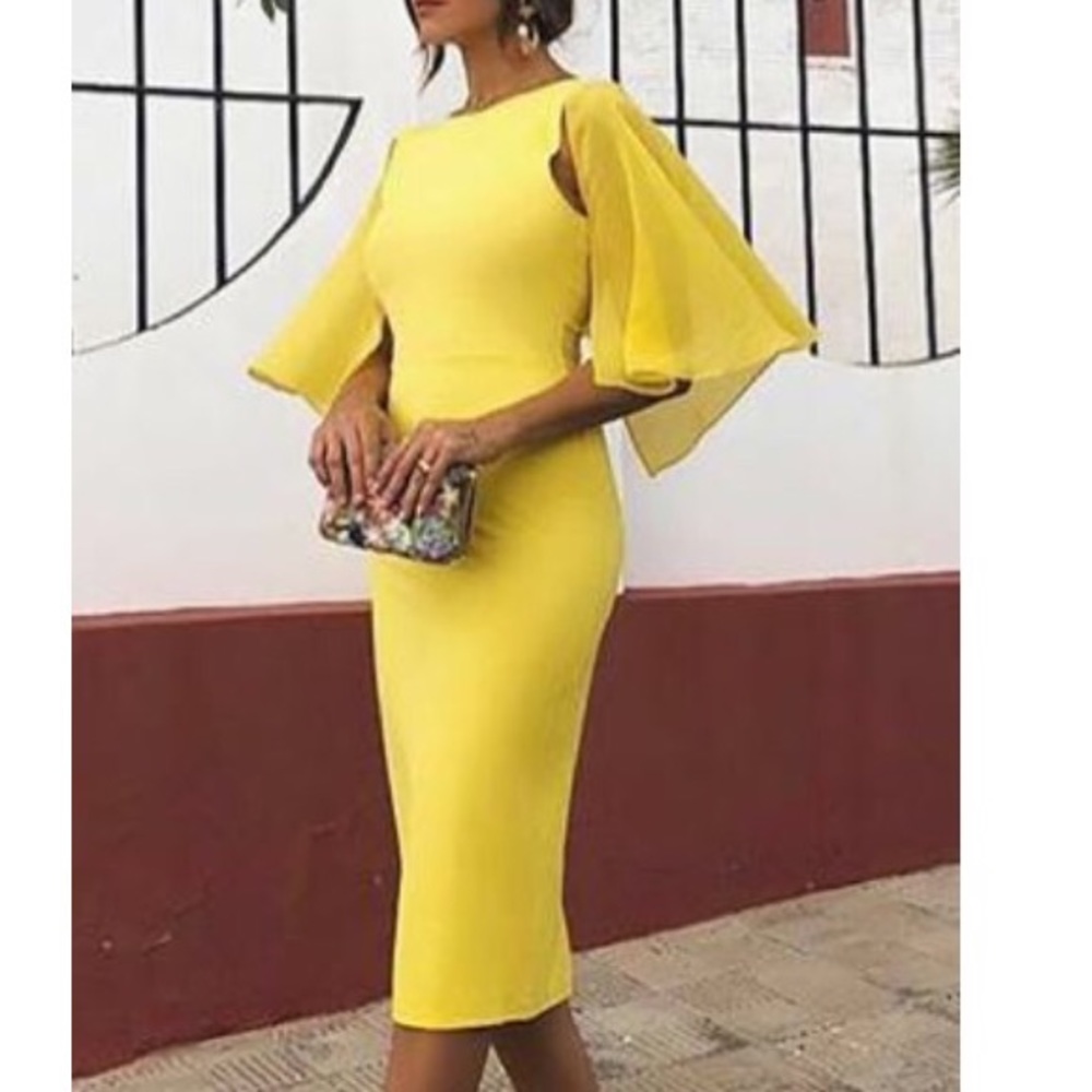 Solid Backless Flared Sleeve Body Con Dress
